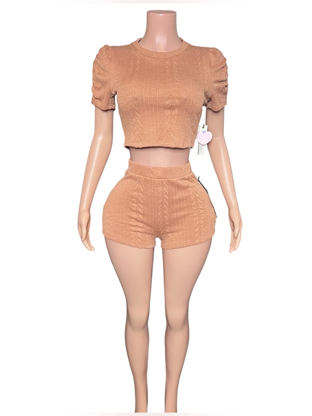 Women's Peach Knit High-Waist Shorts Set